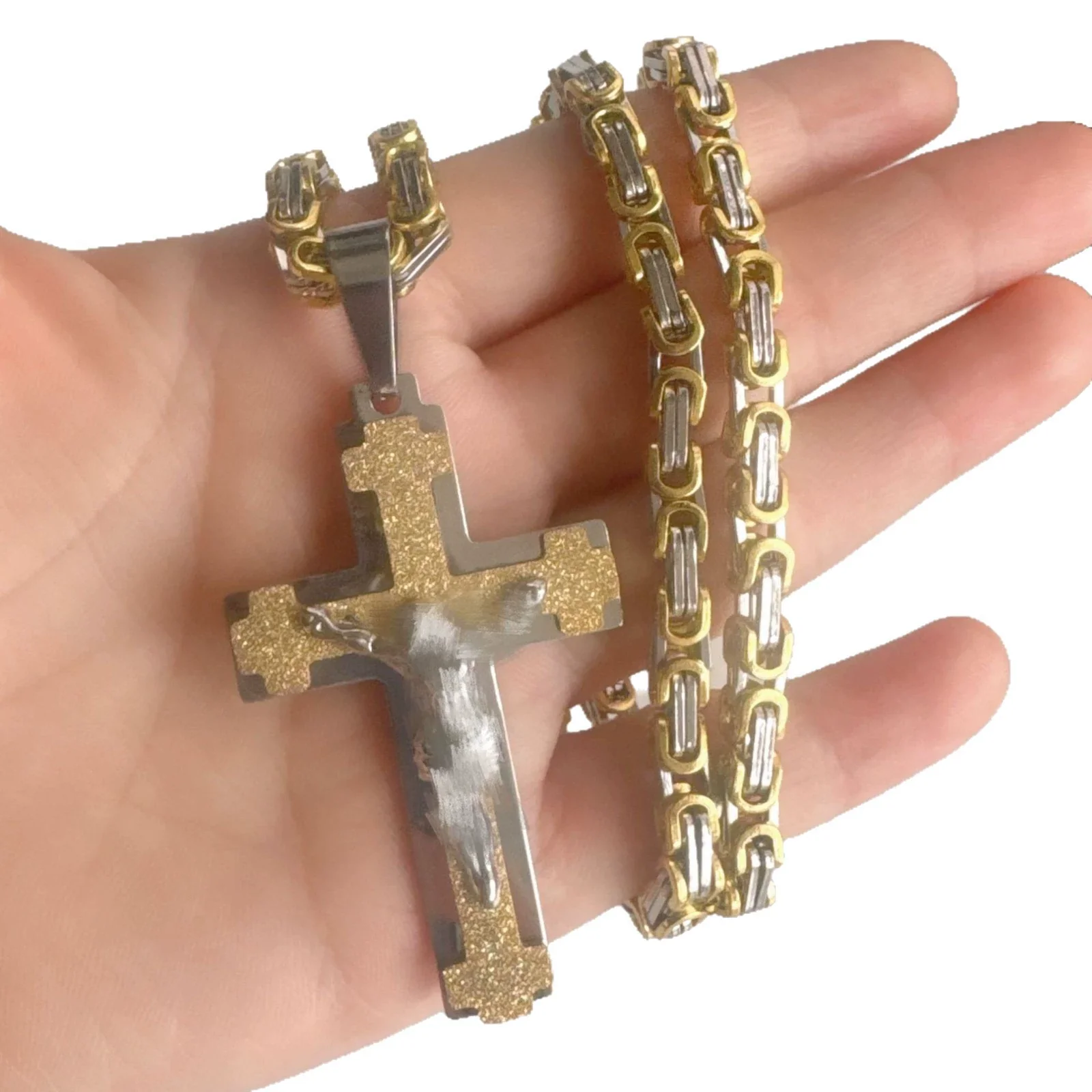 Wholesale Unisex Geometric Embossed Frosted Cross Pendant Titanium Steel Electroplated Necklace With String Of Pearls Chain - Image 5