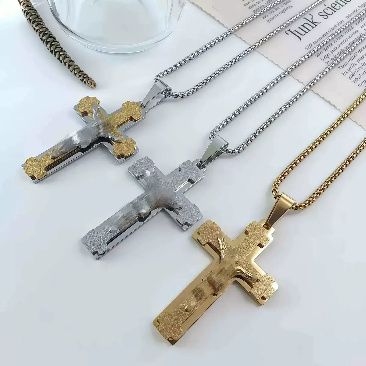 Wholesale Unisex Geometric Embossed Frosted Cross Pendant Titanium Steel Electroplated Necklace With String Of Pearls Chain - Image 8