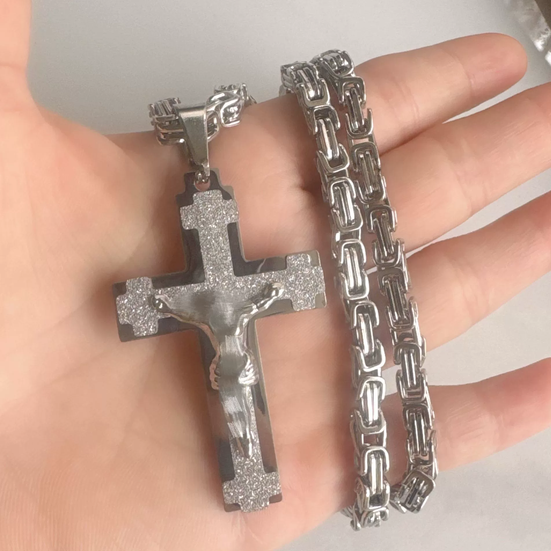 Wholesale Unisex Geometric Embossed Frosted Cross Pendant Titanium Steel Electroplated Necklace With String Of Pearls Chain - Image 9