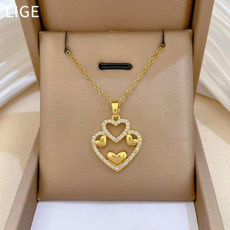 Wholesale Unisex Geometric Hollow Double Layer Heart Stainless Steel And Copper Necklace With Cartoon And Minimalist Style