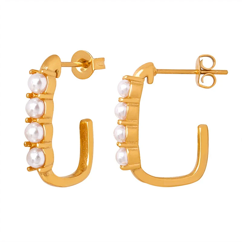 Wholesale Unisex Geometric Inlaid High Gloss Beading Design Gold Plated Titanium Steel U Shaped Earrings - Image 5