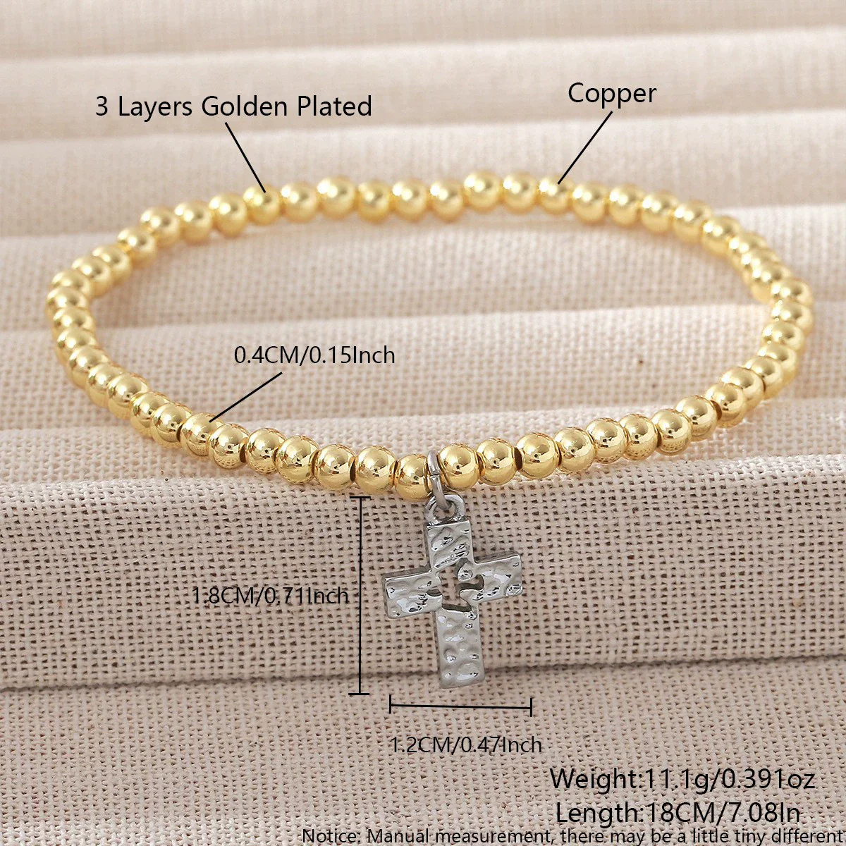 Wholesale Unisex Geometric Ins Style Round Bead Crossshaped Copper Goldplated Bracelet Set - Image 2