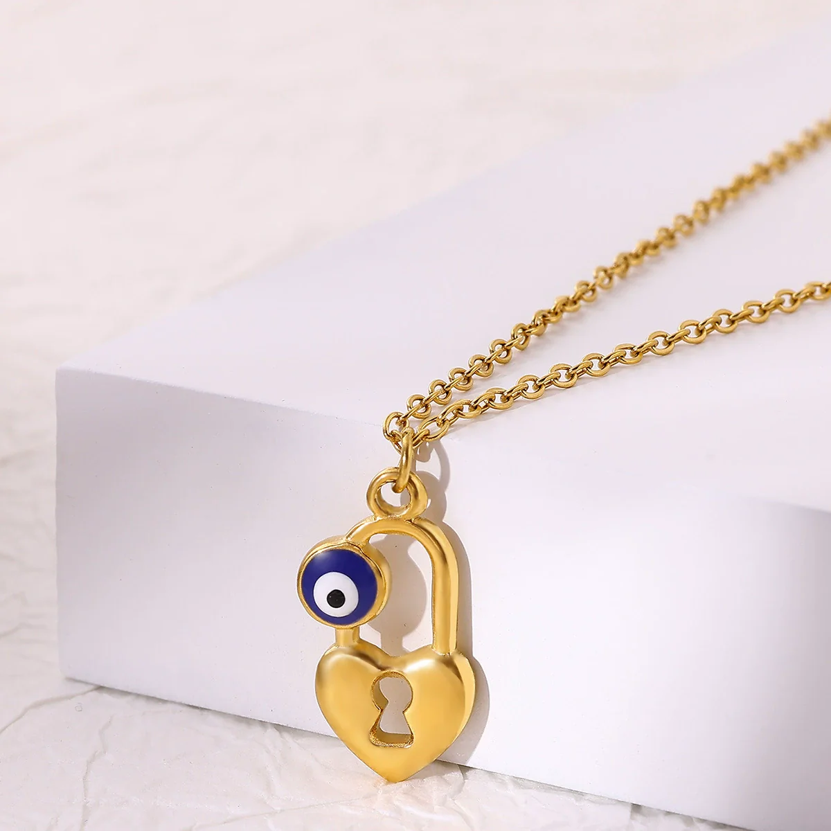 Wholesale Unisex Geometric Lock Devil's Eye Pendant Necklace With Gold Electroplated Environmentally Friendly Copper - Image 4