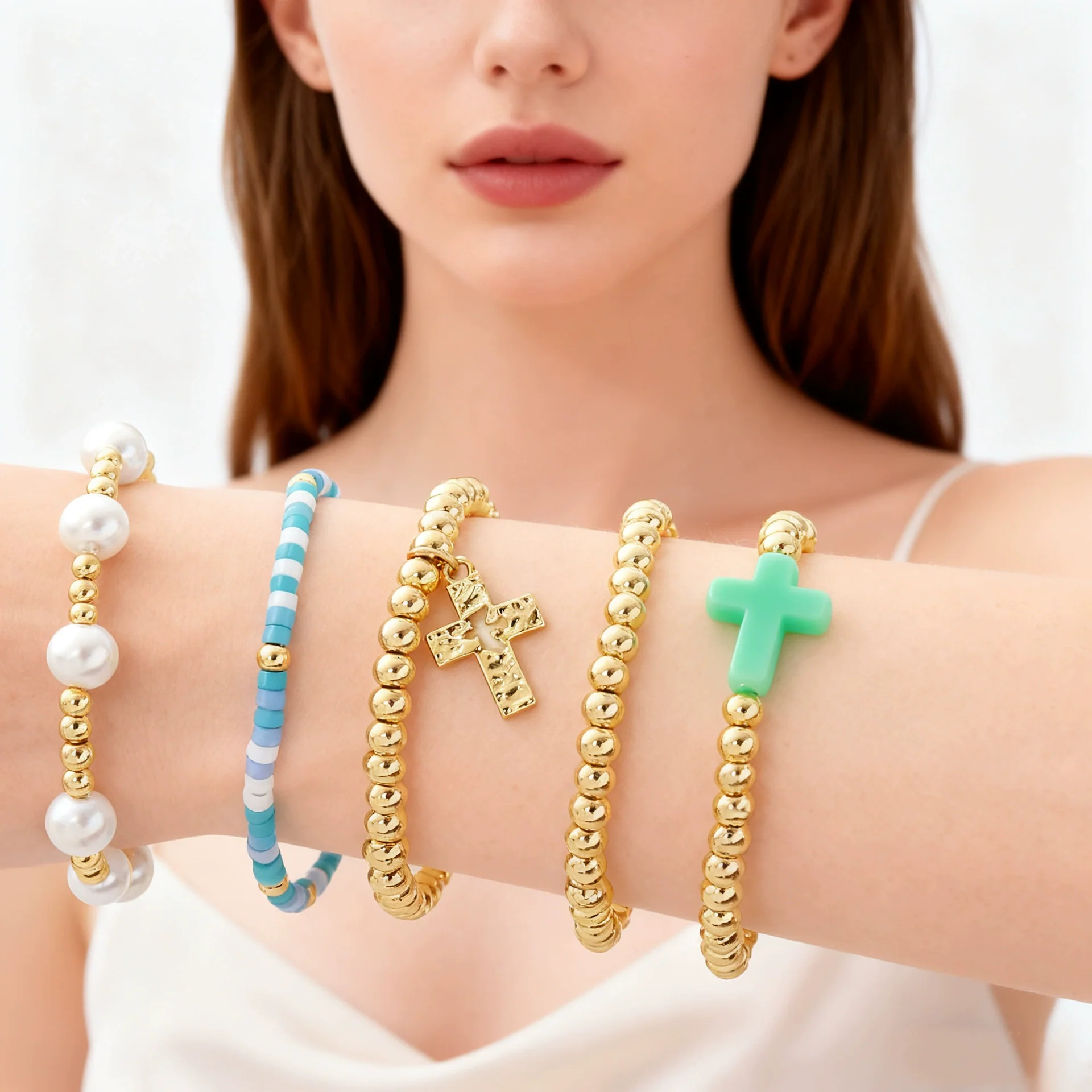 Wholesale Unisex Geometric Pattern Goldplated Copper Beaded Bracelet With Cross Pendant - Image 3