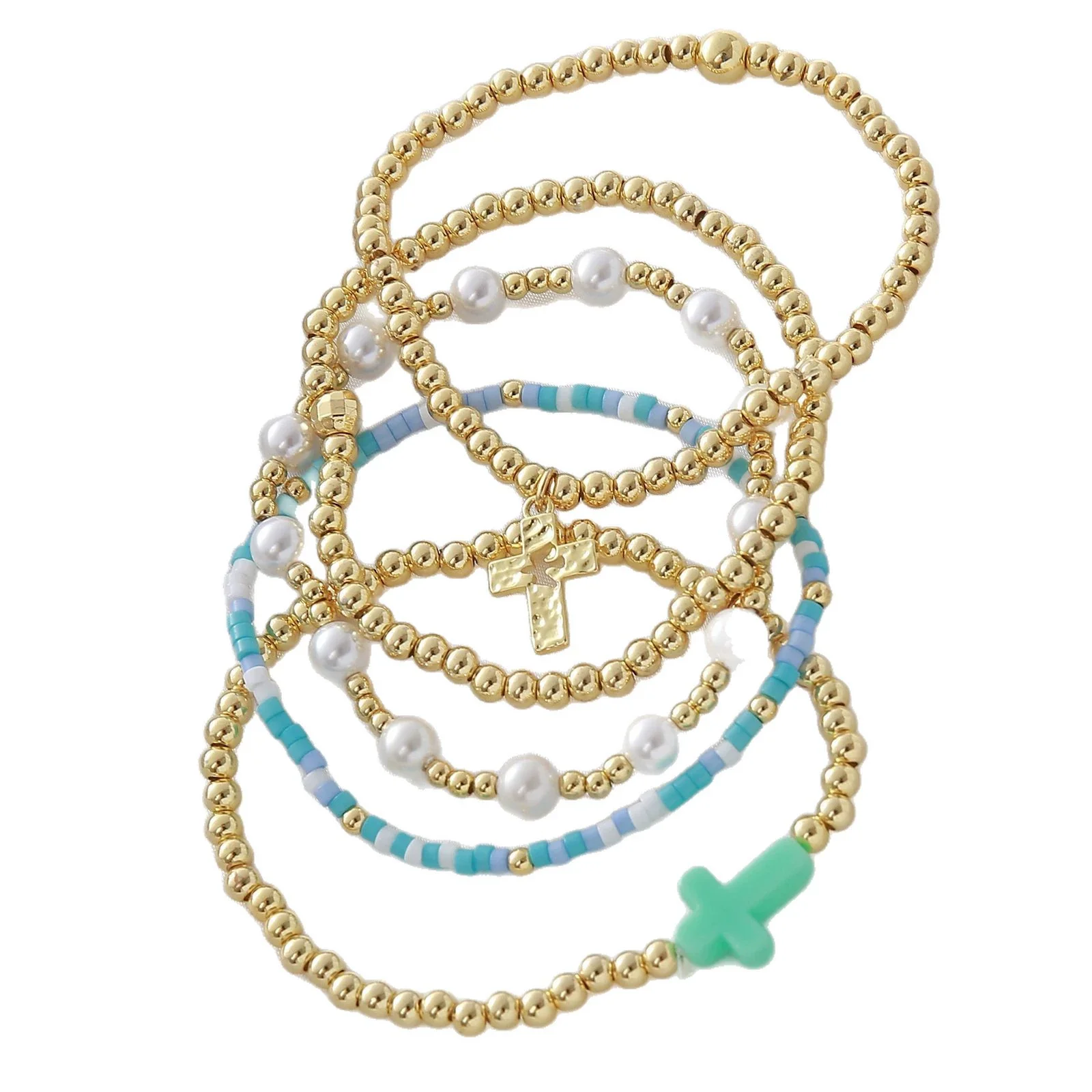 Wholesale Unisex Geometric Pattern Goldplated Copper Beaded Bracelet With Cross Pendant - Image 5