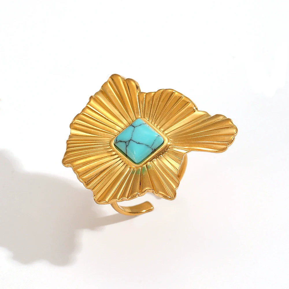 Wholesale Unisex Geometric Real Gold Plated Ruffled Natural Stone Stainless Steel Open Ring That Does Not Fade - Image 6