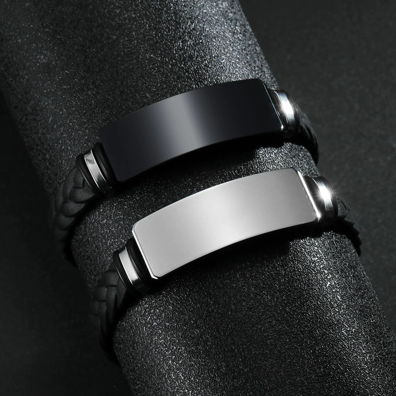 Wholesale Unisex Geometric Silicone And Stainless Steel Twist Woven Bracelet With Mirror Polished And Engraved Electroplated
