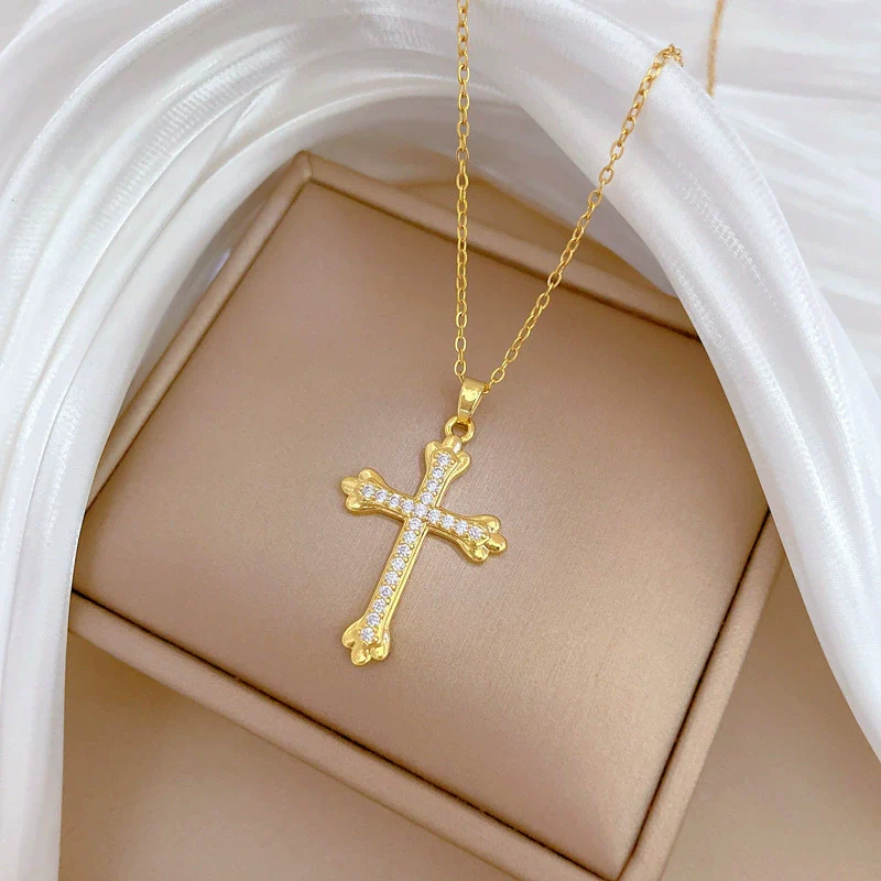 Wholesale Unisex Geometric Stainless Steel And Copper Cross Full Diamond Necklace - Image 4