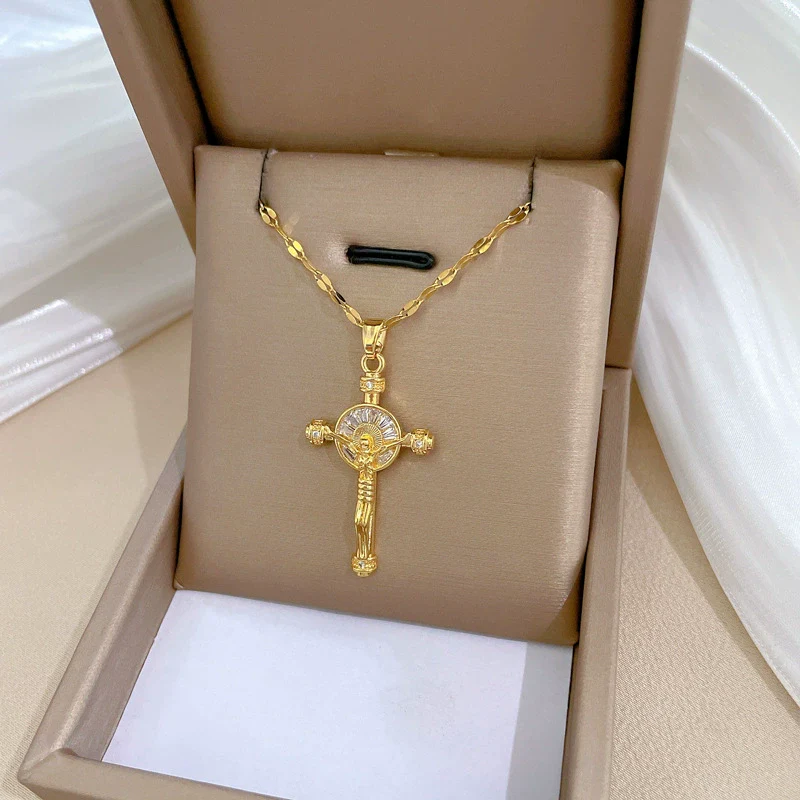Wholesale Unisex Geometric Stainless Steel And Copper Diamond Necklace With Cross Pendant - Image 3