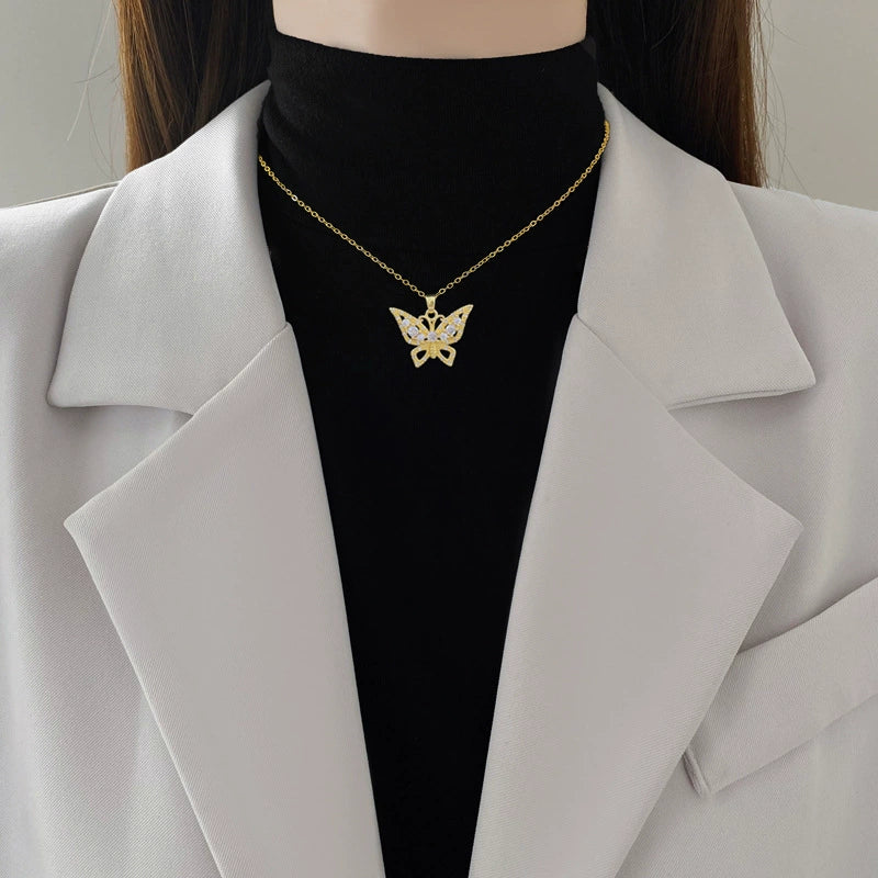 Wholesale Unisex Geometric Stainless Steel And Copper Hollow Butterfly Full Diamond Necklace - Image 2