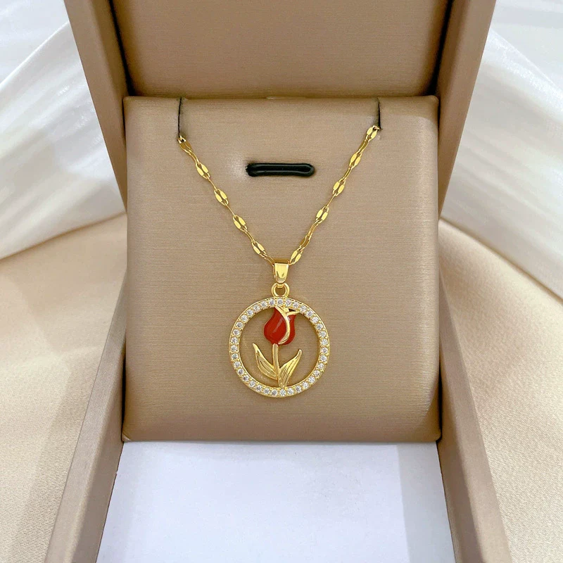Wholesale Unisex Geometric Stainless Steel And Copper Ring Rose Necklace With Picture Paragraph Chain