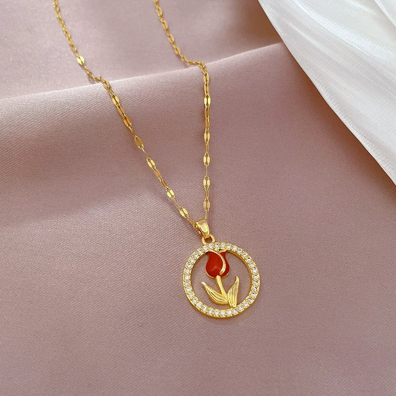 Wholesale Unisex Geometric Stainless Steel And Copper Ring Rose Necklace With Picture Paragraph Chain - Image 3
