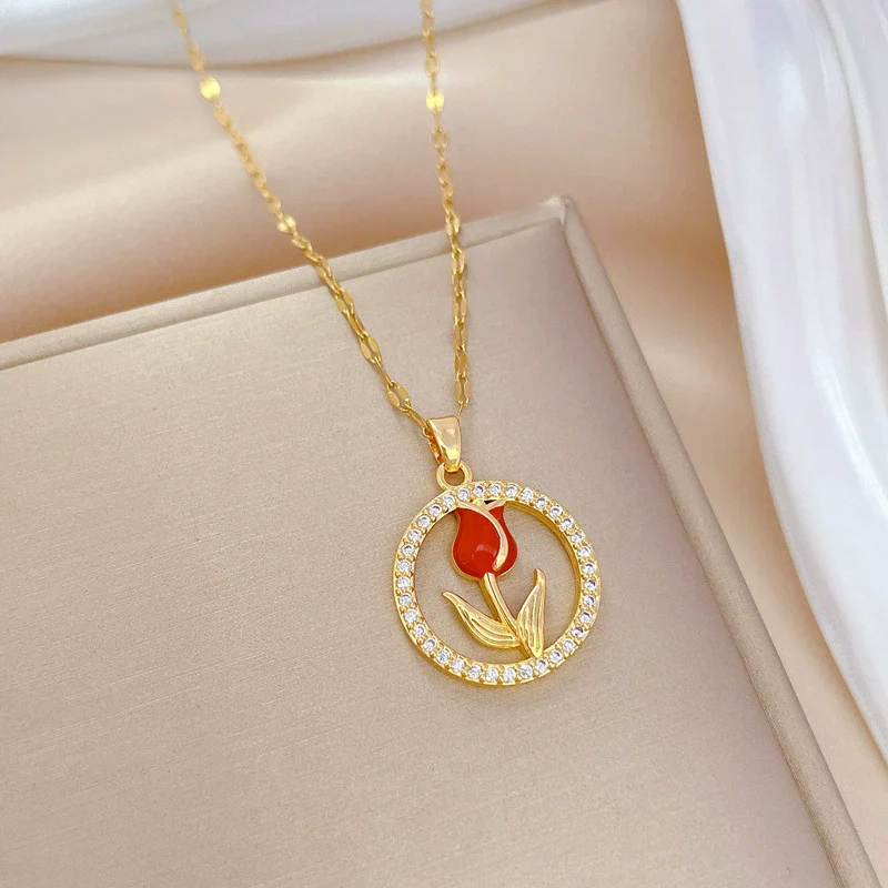 Wholesale Unisex Geometric Stainless Steel And Copper Ring Rose Necklace With Picture Paragraph Chain - Image 4