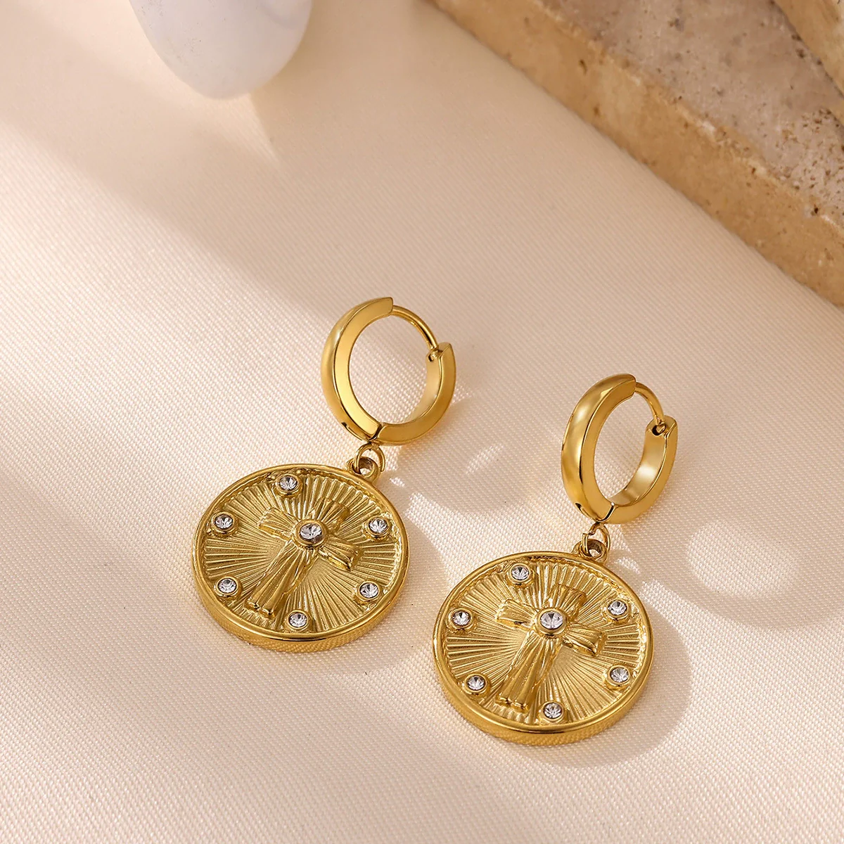 Wholesale Unisex Geometric Stainless Steel And Gold Electroplated Embossed Cross Disc Pendant Earrings - Image 2