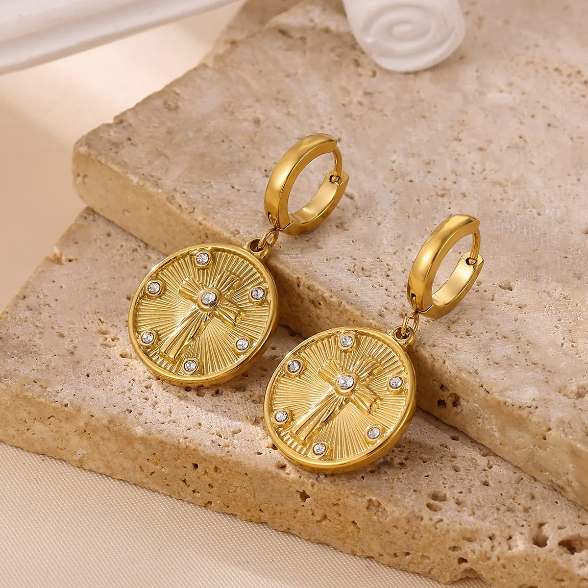 Wholesale Unisex Geometric Stainless Steel And Gold Electroplated Embossed Cross Disc Pendant Earrings - Image 3