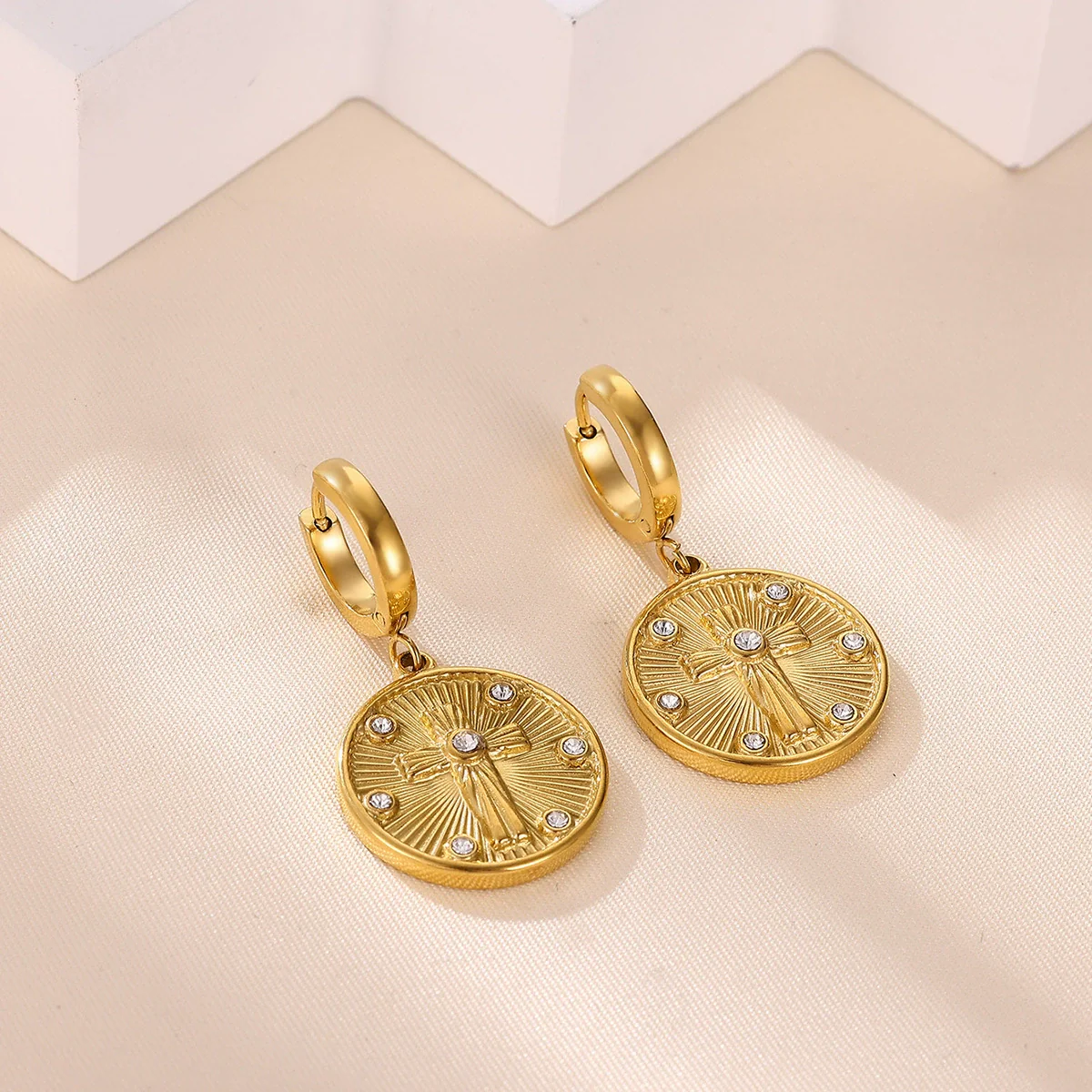 Wholesale Unisex Geometric Stainless Steel And Gold Electroplated Embossed Cross Disc Pendant Earrings - Image 4