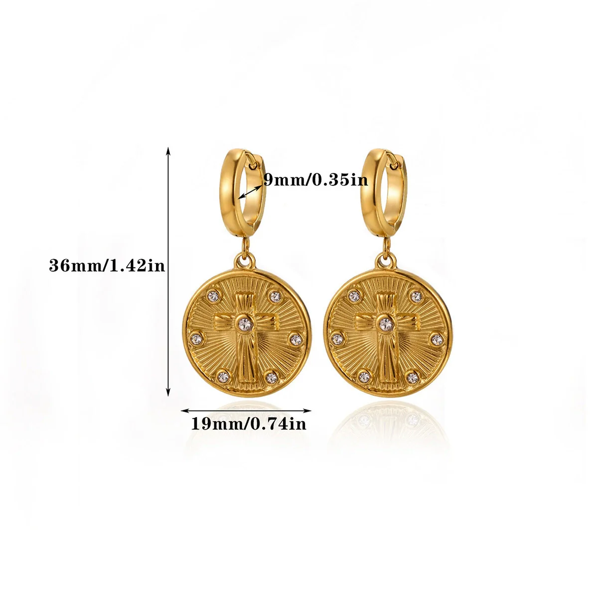 Wholesale Unisex Geometric Stainless Steel And Gold Electroplated Embossed Cross Disc Pendant Earrings - Image 5