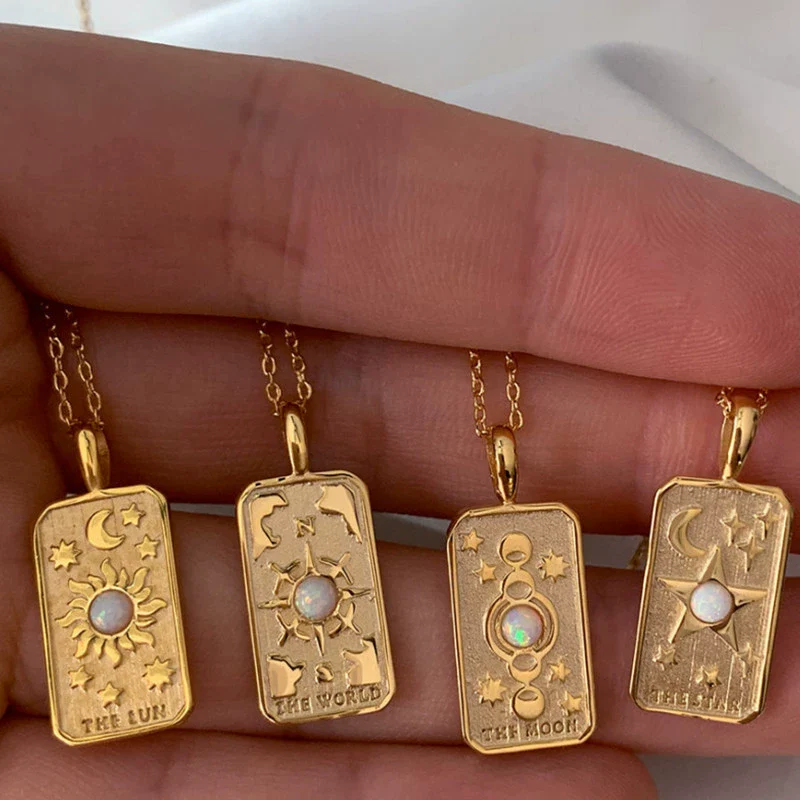 Wholesale Unisex Geometric Star Sun Moon Titanium Steel Necklace With Gold Inlaid Stereo Embossed Opal Pendant And Snake Bone Chain