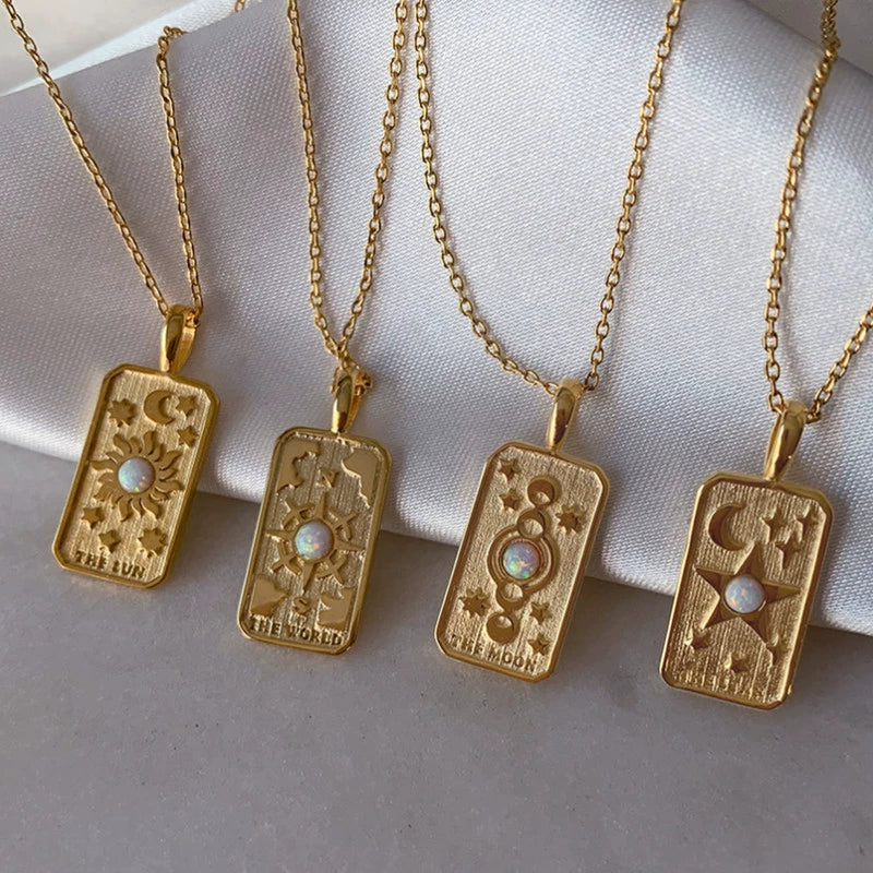 Wholesale Unisex Geometric Star Sun Moon Titanium Steel Necklace With Gold Inlaid Stereo Embossed Opal Pendant And Snake Bone Chain - Image 2
