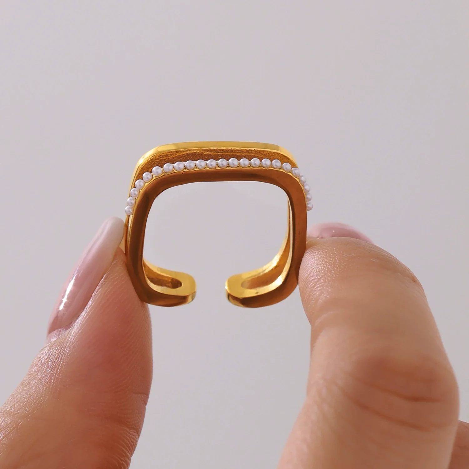 Wholesale Unisex Geometric Titanium Steel And Zircon Goldplated Doublelayer Opening Ring Hand Jewelry - Image 4