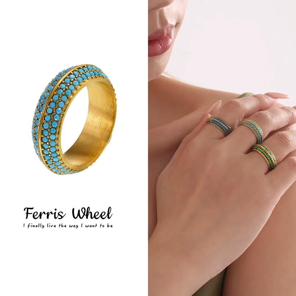 Wholesale Unisex Geometric Titanium Steel Electroplated Ferris Wheel Full Diamond Inlaid 5A Zircon Ring