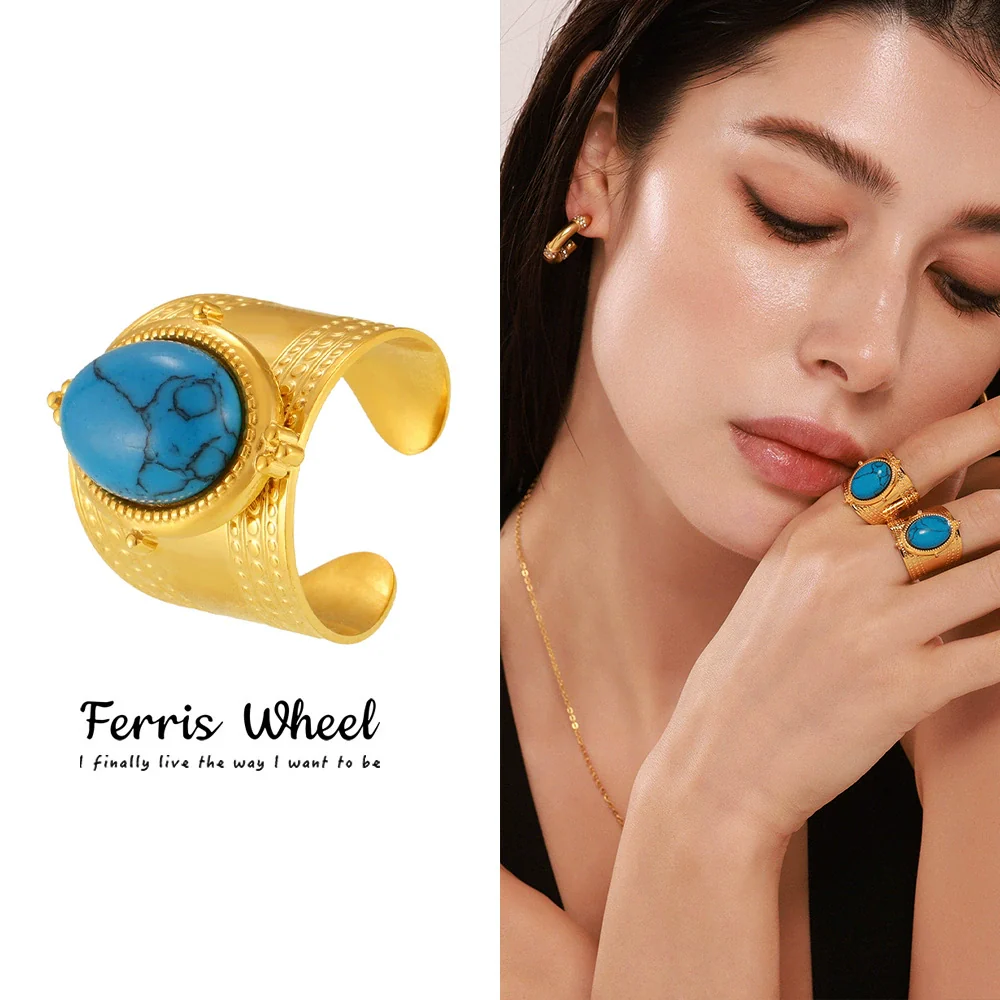 Wholesale Unisex Geometric Turquoise Stainless Steel Gold Plated Ferris Wheel Open Ring Niche Vintage Jewelry