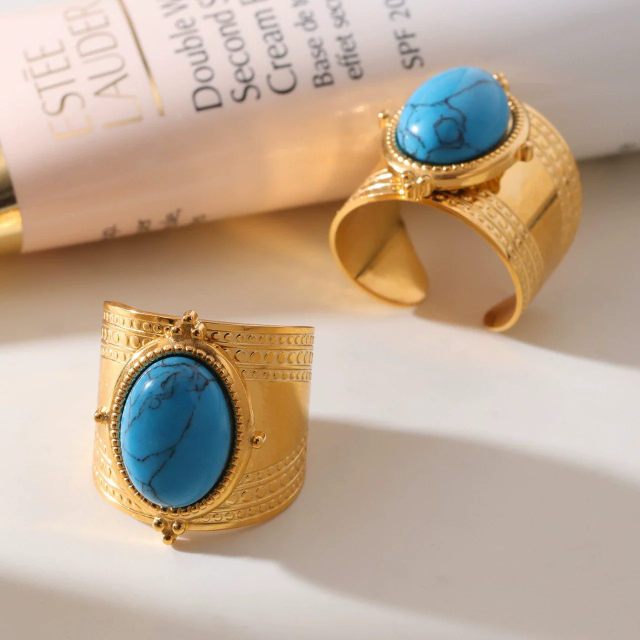 Wholesale Unisex Geometric Turquoise Stainless Steel Gold Plated Ferris Wheel Open Ring Niche Vintage Jewelry - Image 2