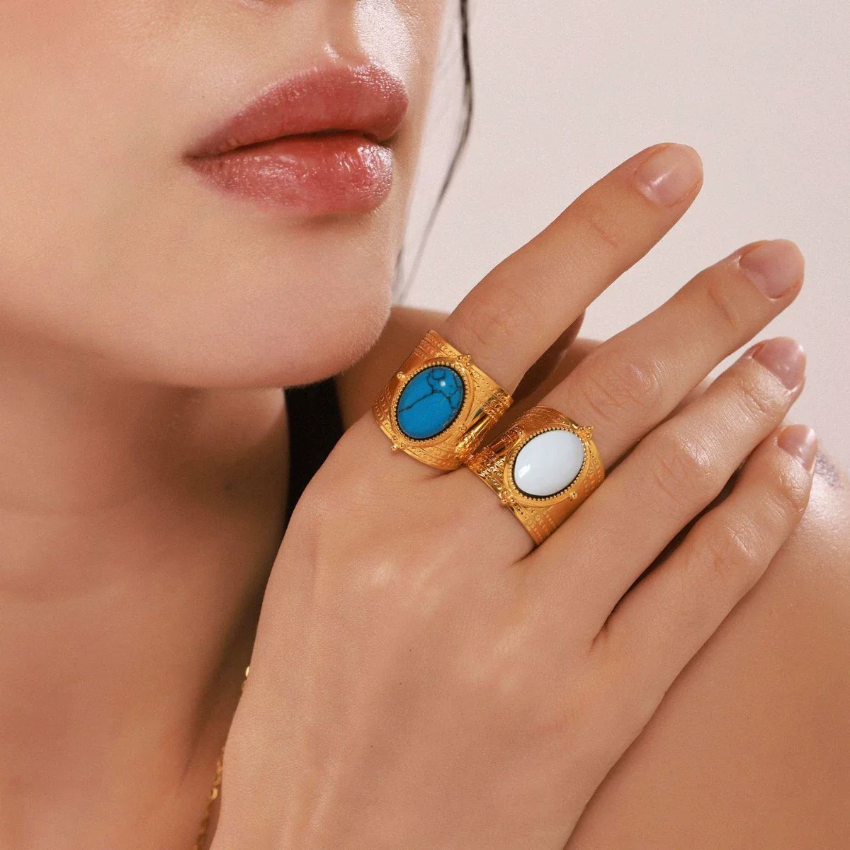Wholesale Unisex Geometric Turquoise Stainless Steel Gold Plated Ferris Wheel Open Ring Niche Vintage Jewelry - Image 4