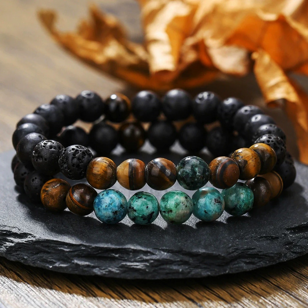 Wholesale Unisex Handmade Geometric Elastic Beaded Bracelet With Tiger Eye Stone Black Gallstone Alloy Stainless Steel - Image 13