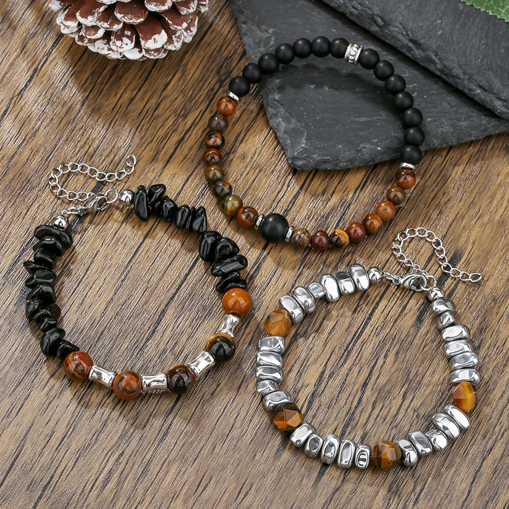 Wholesale Unisex Handmade Geometric Elastic Beaded Bracelet With Tiger Eye Stone Black Gallstone Alloy Stainless Steel - Image 3