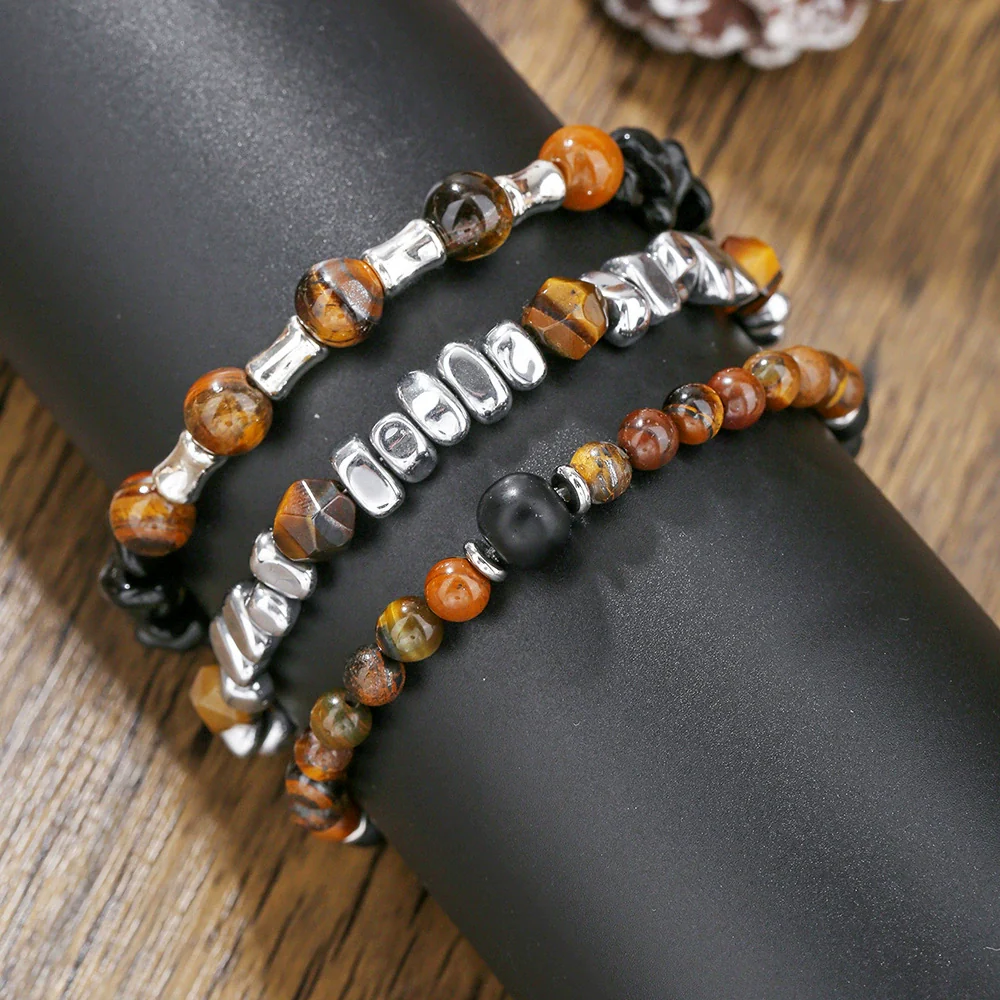 Wholesale Unisex Handmade Geometric Elastic Beaded Bracelet With Tiger Eye Stone Black Gallstone Alloy Stainless Steel - Image 4