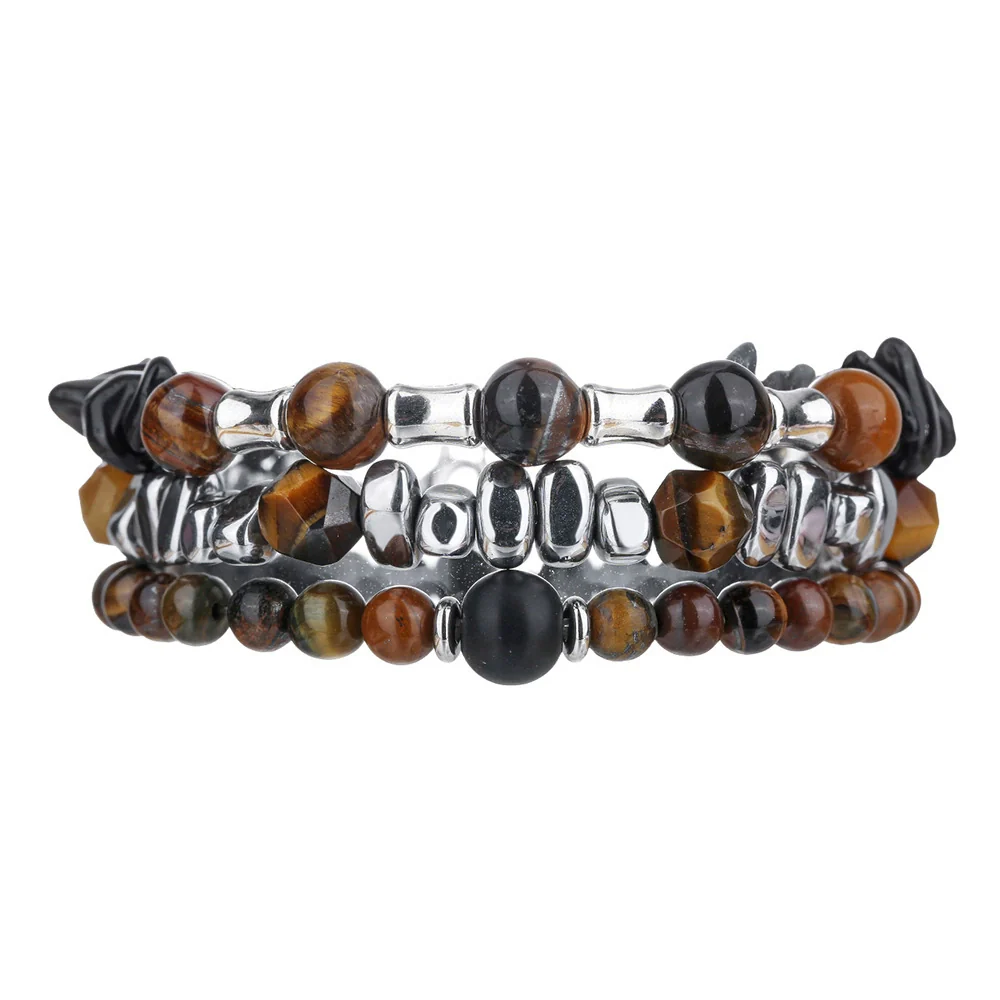 Wholesale Unisex Handmade Geometric Elastic Beaded Bracelet With Tiger Eye Stone Black Gallstone Alloy Stainless Steel - Image 5
