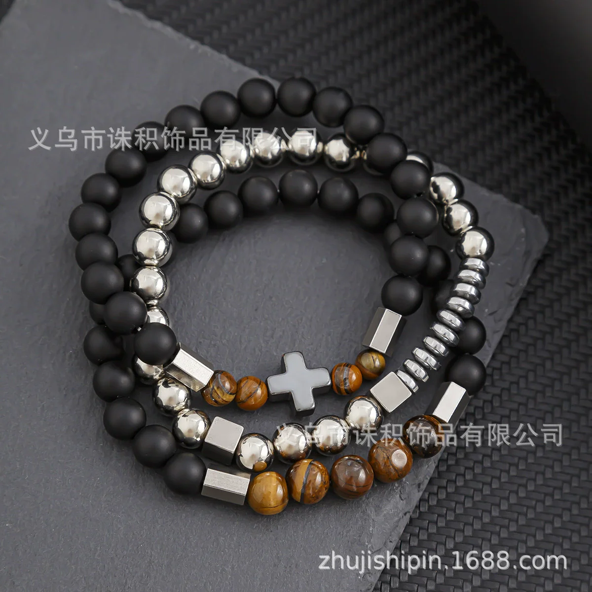 Wholesale Unisex Handmade Geometric Elastic Beaded Bracelet With Tiger Eye Stone Black Gallstone Alloy Stainless Steel - Image 7