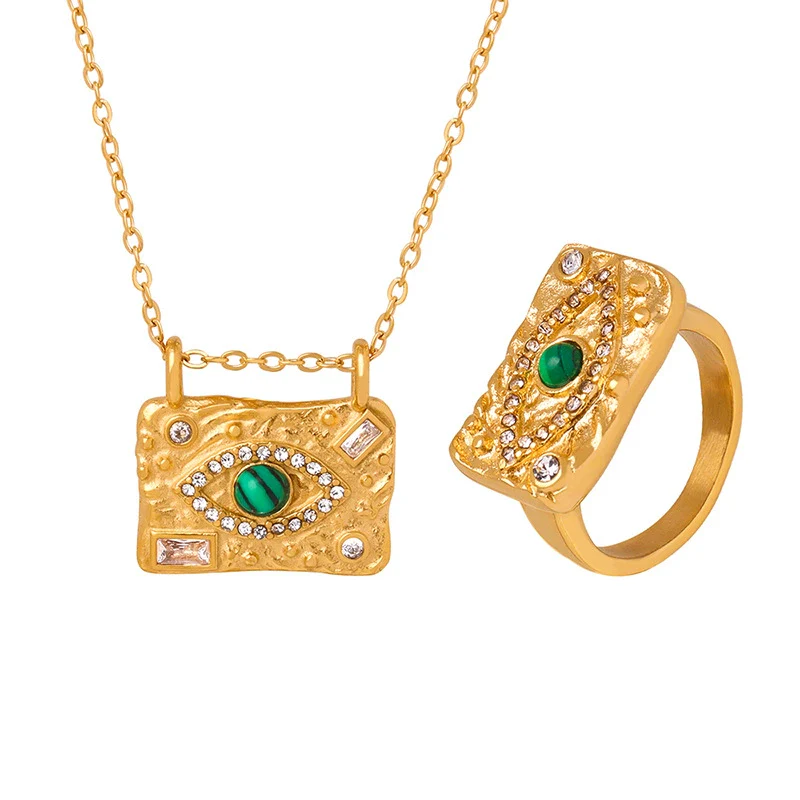 Wholesale Unisex Inlaid Turquoise Zircon Devil's Eye Design Electroplated Titanium Steel Jewelry Suit Necklace Bracelet - Image 5