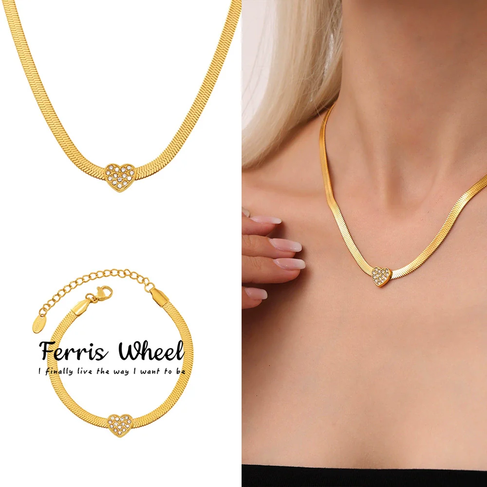 Wholesale Unisex Ins Style Ferris Wheel Titanium Steel Electroplated Snake Bone Chain Bracelet And Love Zircon Necklace Jewelry Set