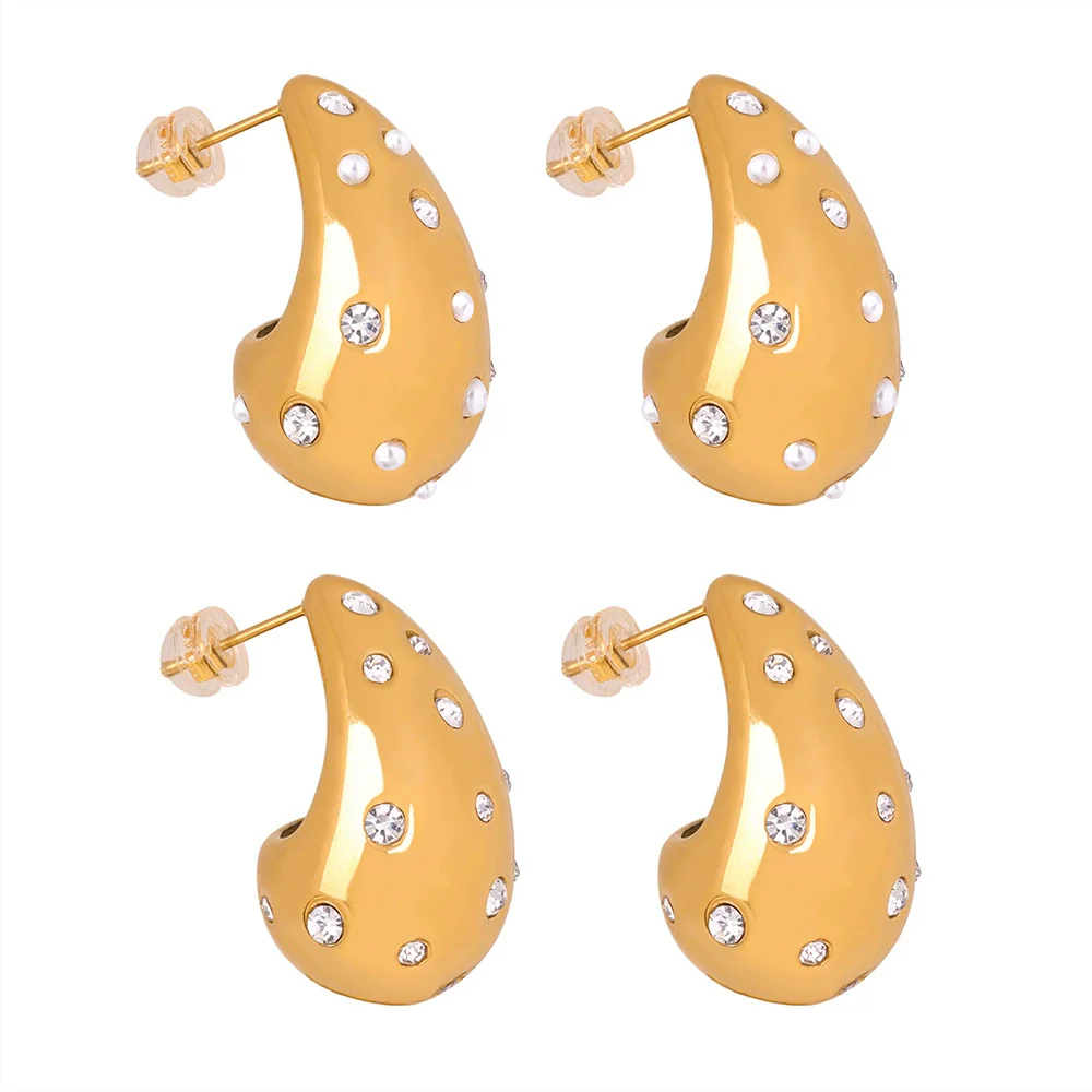 Wholesale Unisex Ins Style Geometric Dropshaped Rhinestone Inlaid Titanium Steel Earrings - Image 5