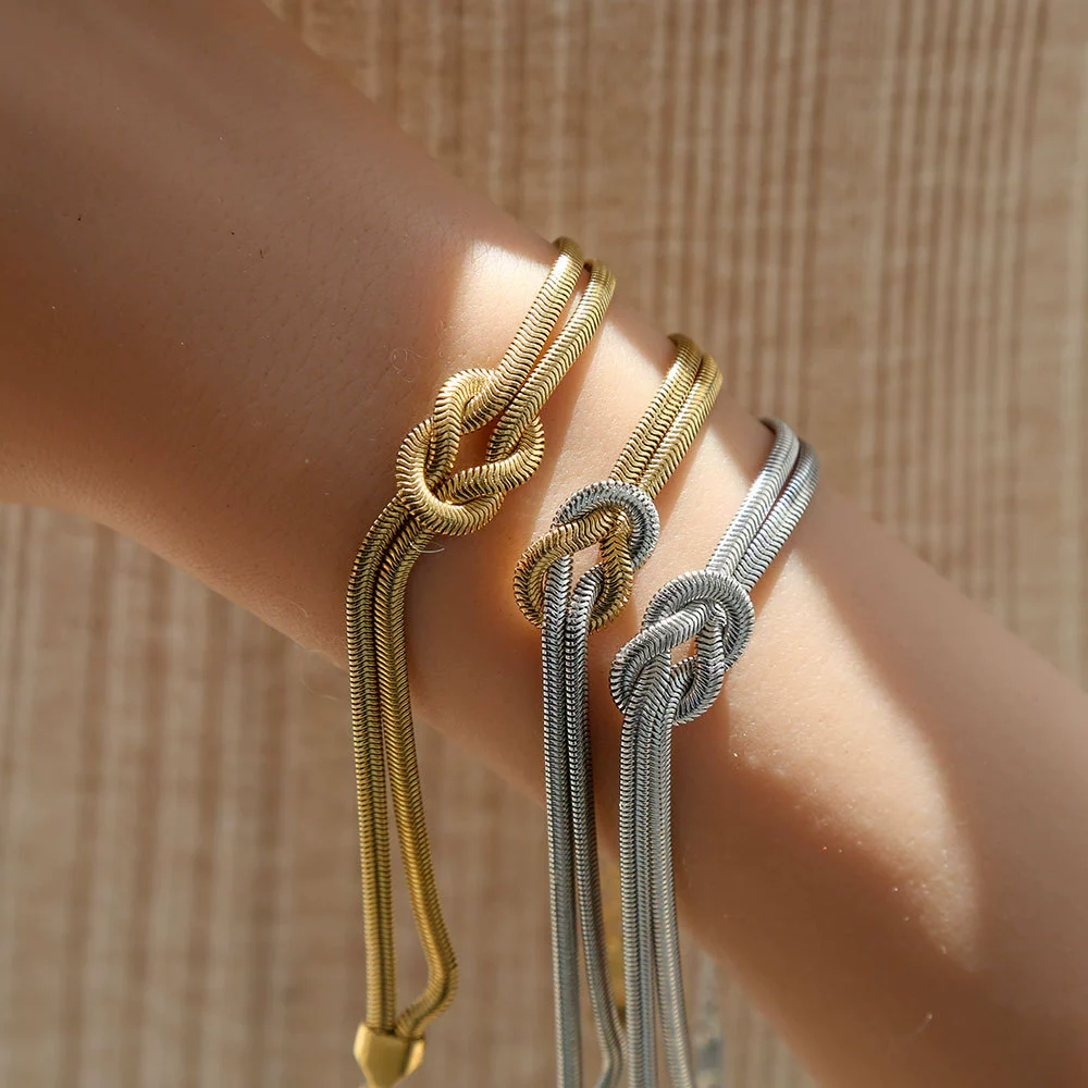 Wholesale Unisex Ins Style Geometric Stainless Steel Handmade Knotted Snake Chain Herringbone Real Gold Plated Bracelet Necklace Ring - Image 2