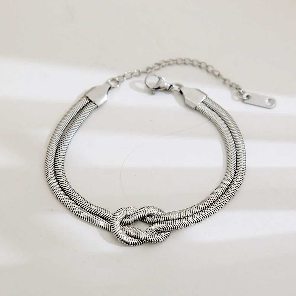 Wholesale Unisex Ins Style Geometric Stainless Steel Handmade Knotted Snake Chain Herringbone Real Gold Plated Bracelet Necklace Ring - Image 5