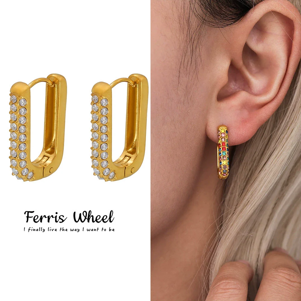 Wholesale Unisex Ins Style Geometric Titanium Steel Zircon Blue Turquoise 18K Gold Plated Earrings