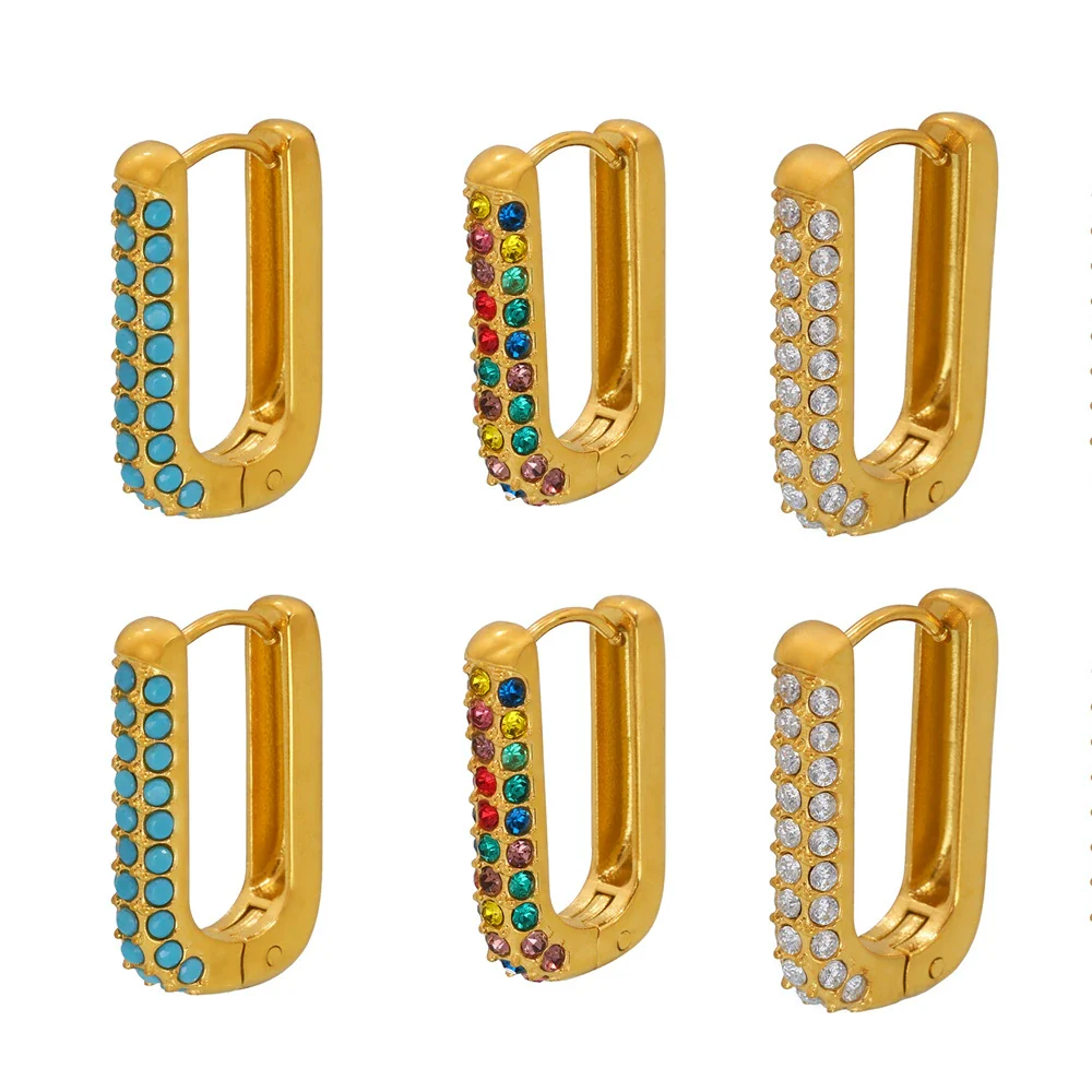 Wholesale Unisex Ins Style Geometric Titanium Steel Zircon Blue Turquoise 18K Gold Plated Earrings - Image 5