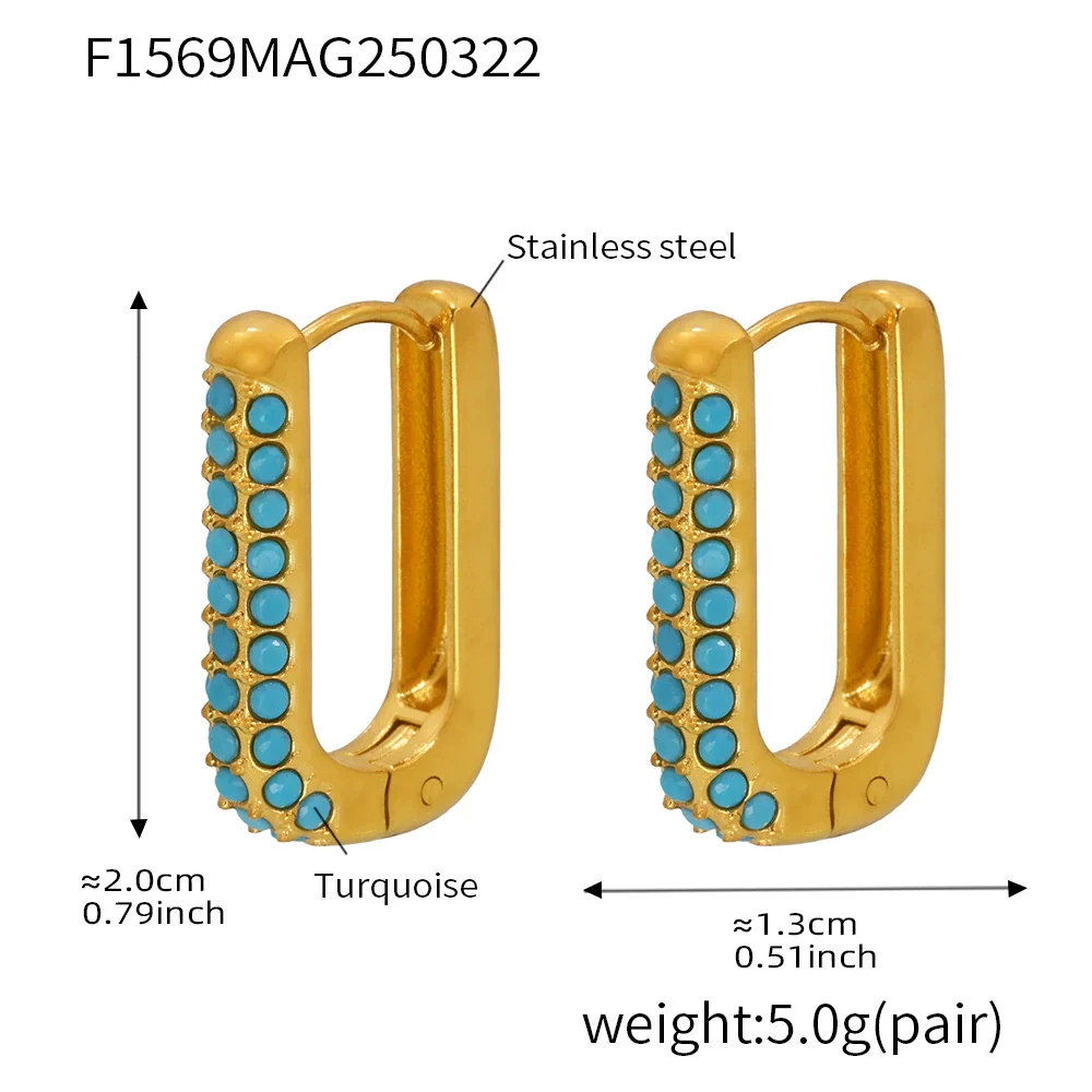 Wholesale Unisex Ins Style Geometric Titanium Steel Zircon Blue Turquoise 18K Gold Plated Earrings - Image 6
