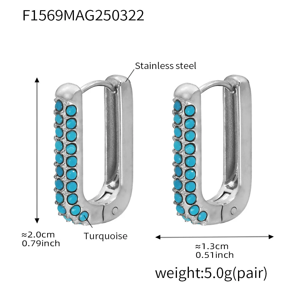 Wholesale Unisex Ins Style Geometric Titanium Steel Zircon Blue Turquoise 18K Gold Plated Earrings - Image 9