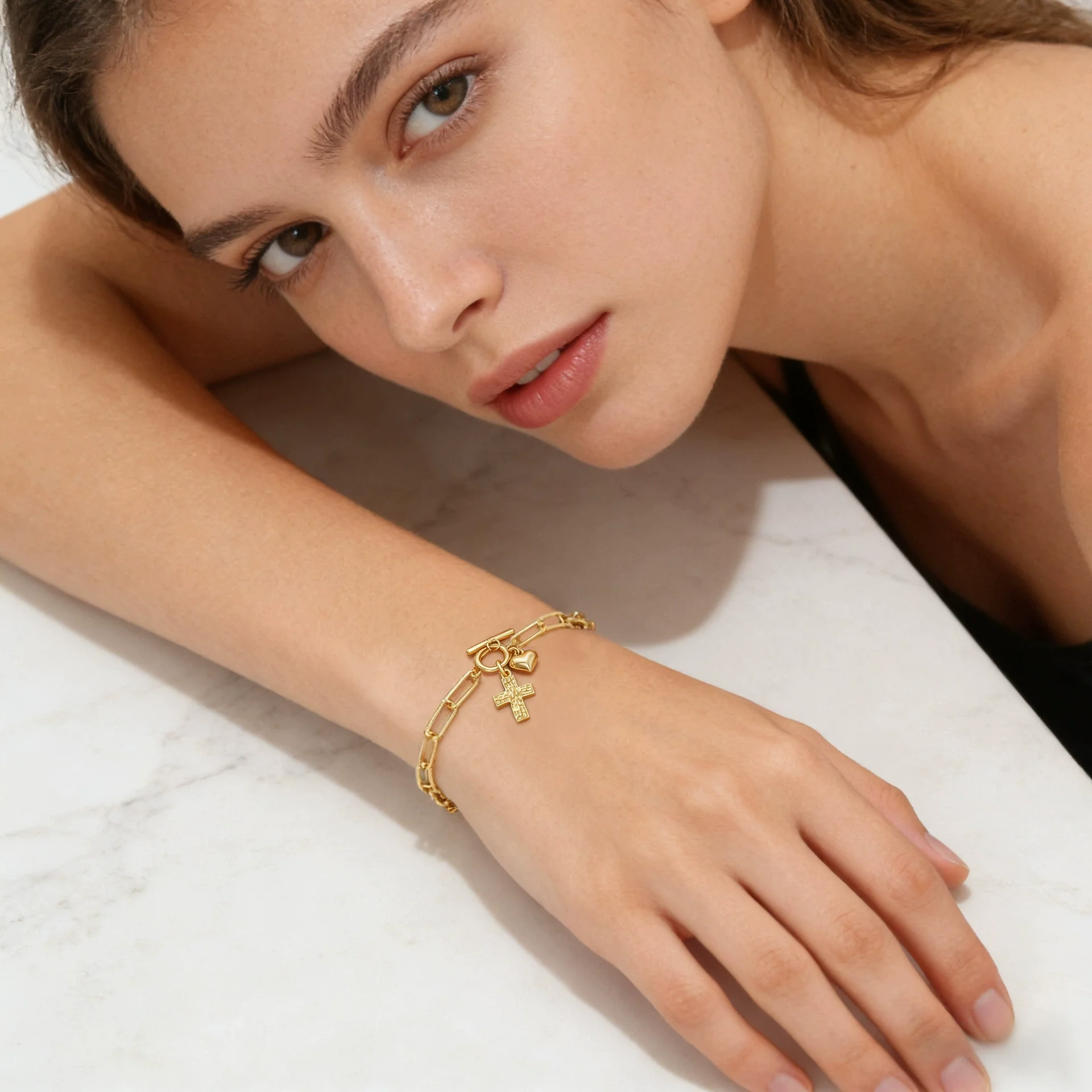 Wholesale Unisex Ins Style Real Gold Plated Copper Cross Heart Paperclip Chain Bracelet - Image 3