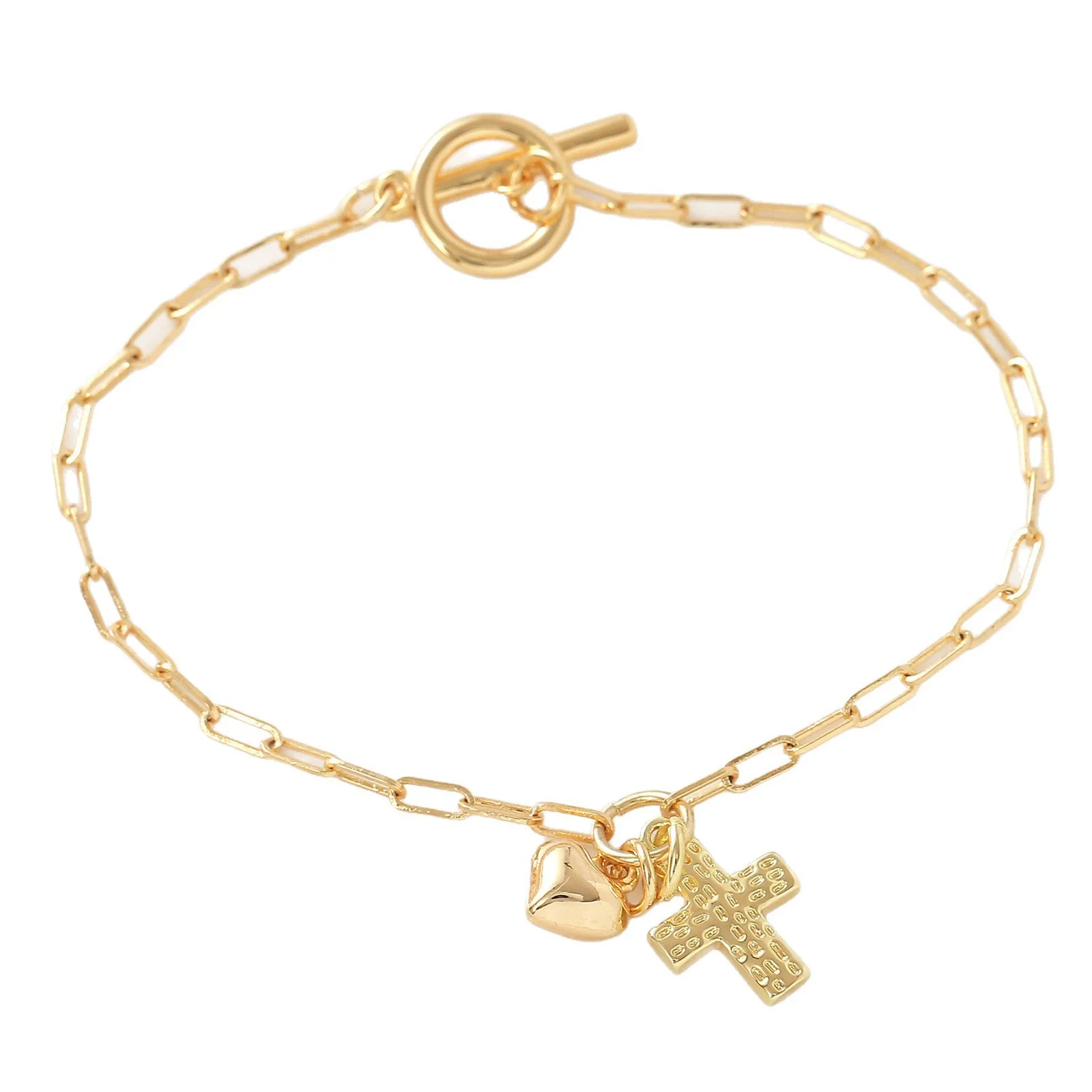 Wholesale Unisex Ins Style Real Gold Plated Copper Cross Heart Paperclip Chain Bracelet - Image 4