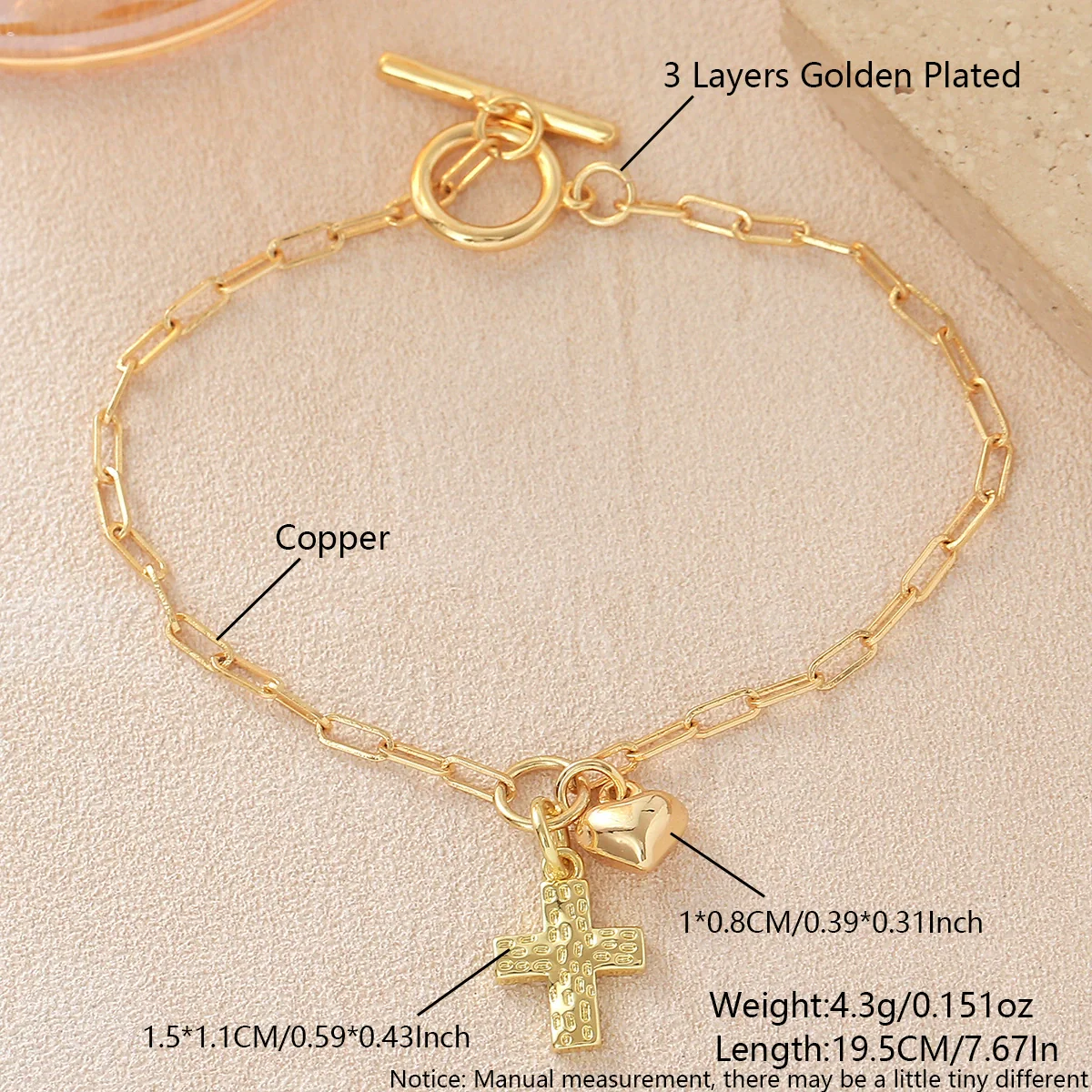 Wholesale Unisex Ins Style Real Gold Plated Copper Cross Heart Paperclip Chain Bracelet - Image 5