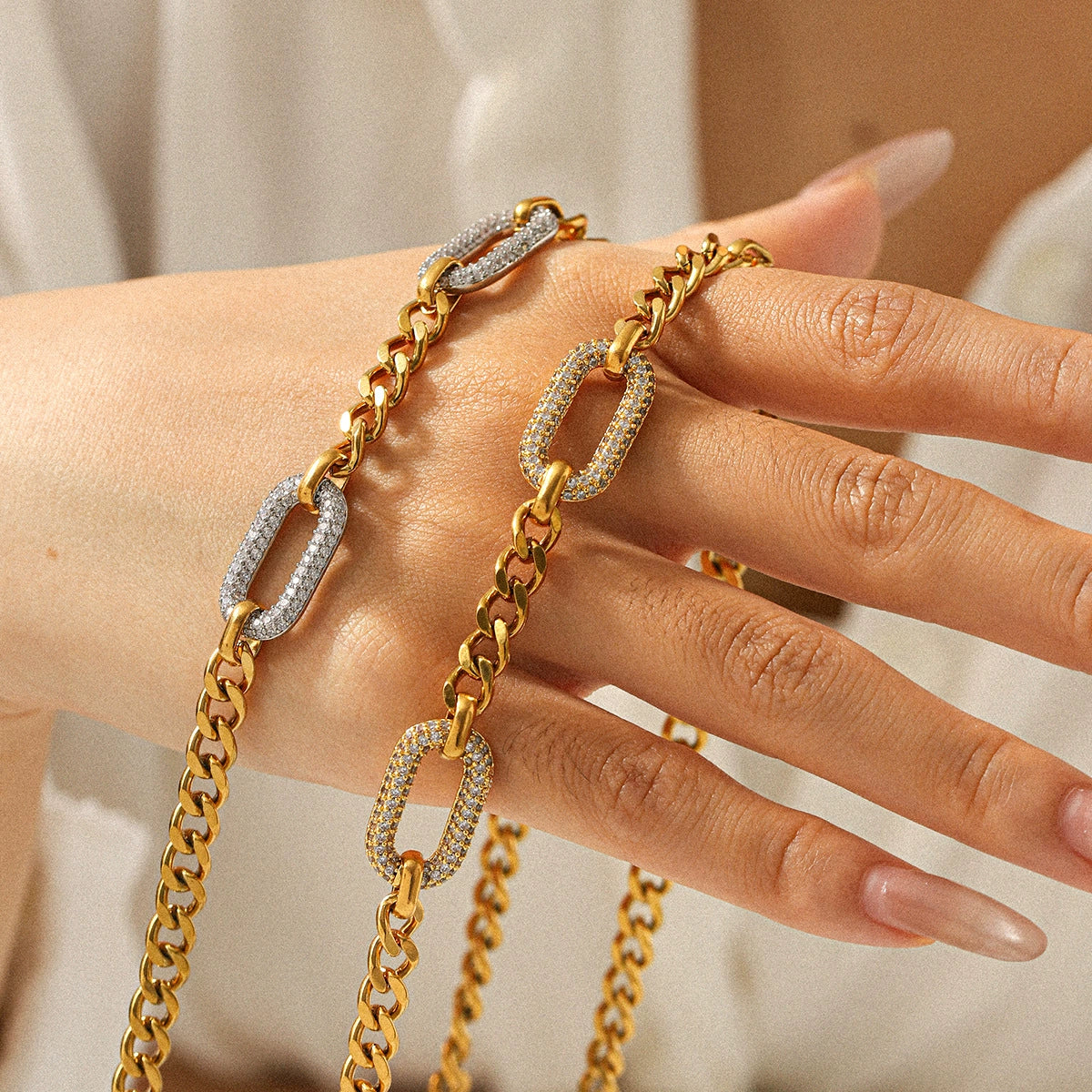 Wholesale Unisex Ins Style Stainless Steel Geometric Pattern Necklace With Diamonds And Zircons Electroplated Cuban Link Chain - Image 3