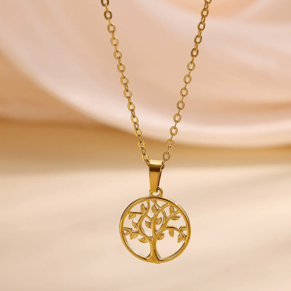 Wholesale Unisex Life Tree Cross Chain Necklace Stainless Steel Gold Electroplated