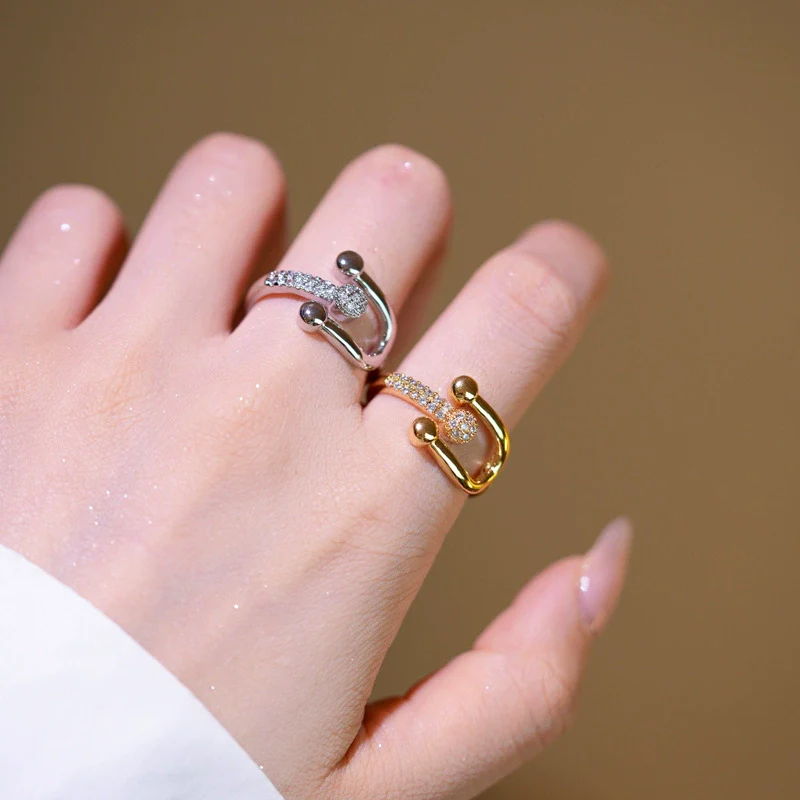 Wholesale Unisex Light Luxury Microinlaid Zircon Ushaped Horseshoe Buckle Adjustable Ring Gold Plated Copper