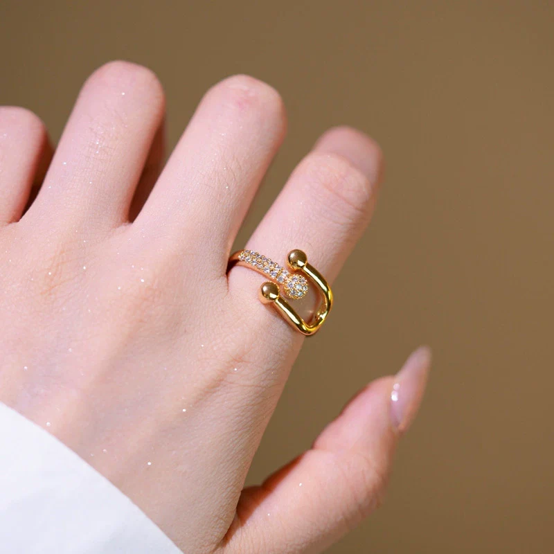 Wholesale Unisex Light Luxury Microinlaid Zircon Ushaped Horseshoe Buckle Adjustable Ring Gold Plated Copper - Image 2