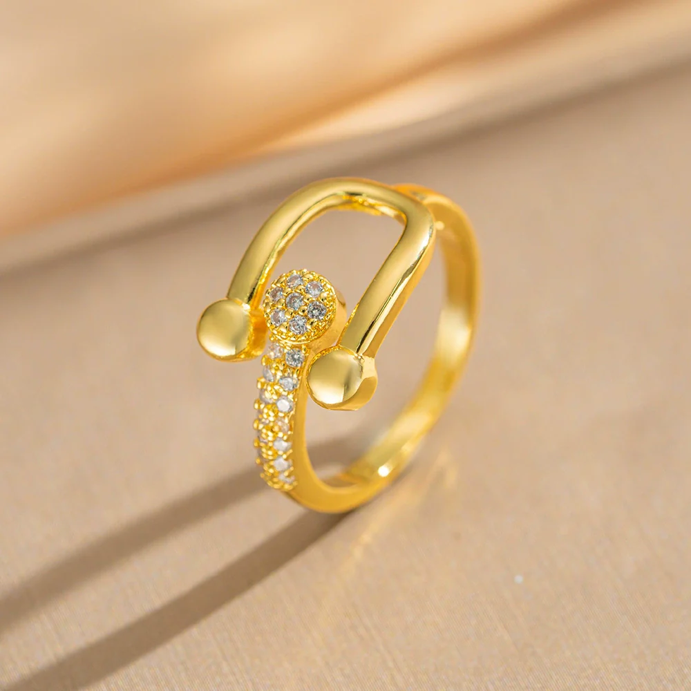 Wholesale Unisex Light Luxury Microinlaid Zircon Ushaped Horseshoe Buckle Adjustable Ring Gold Plated Copper - Image 4